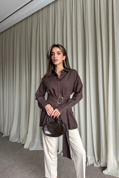 Kuşaklı Uzun Gömlek - Kahve - 2