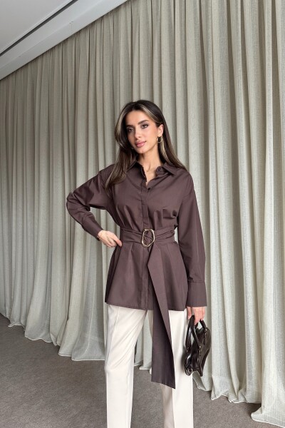 Kuşaklı Uzun Gömlek - Kahve - 3