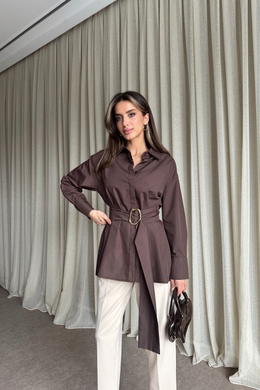 Kuşaklı Uzun Gömlek - Kahve - 3