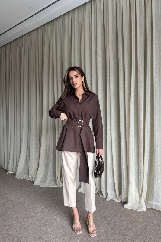 Kuşaklı Uzun Gömlek - Kahve - 4