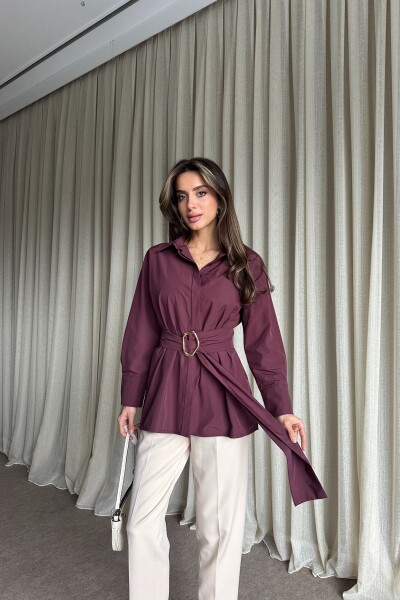 Kuşaklı Uzun Gömlek - Mürdüm - MAT Collection