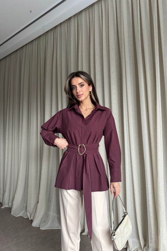 Kuşaklı Uzun Gömlek - Mürdüm - 2