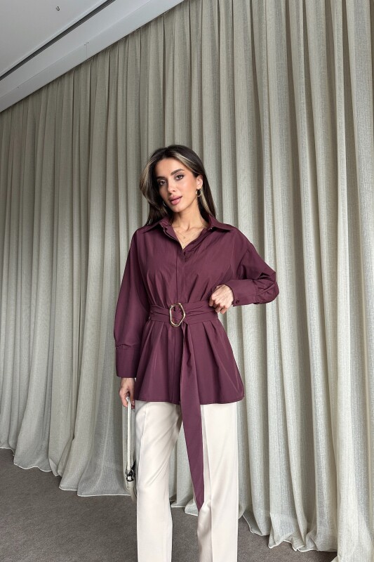 Kuşaklı Uzun Gömlek - Mürdüm - 4