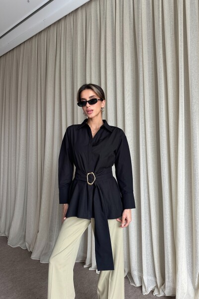 Kuşaklı Uzun Gömlek - Siyah - MAT Collection