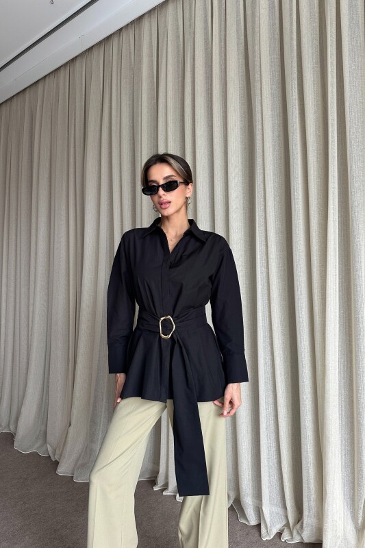 Kuşaklı Uzun Gömlek - Siyah - 1