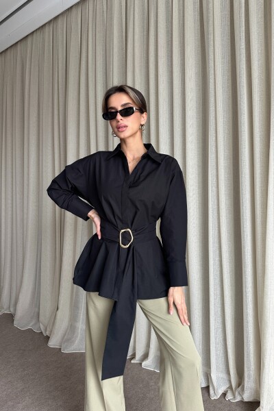 Kuşaklı Uzun Gömlek - Siyah - 2