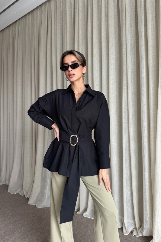 Kuşaklı Uzun Gömlek - Siyah - 2