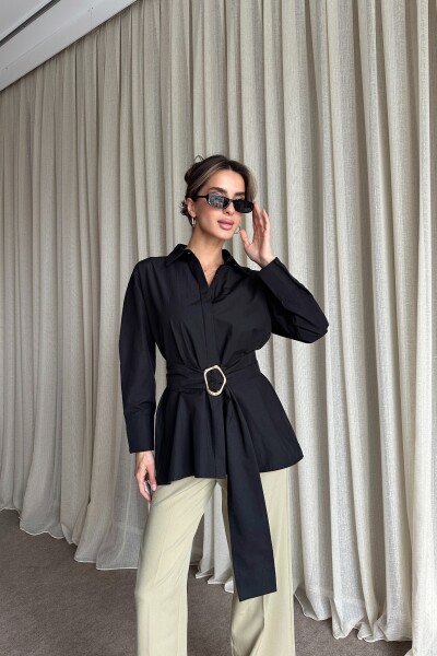 Kuşaklı Uzun Gömlek - Siyah - 3