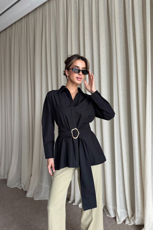 Kuşaklı Uzun Gömlek - Siyah - 3