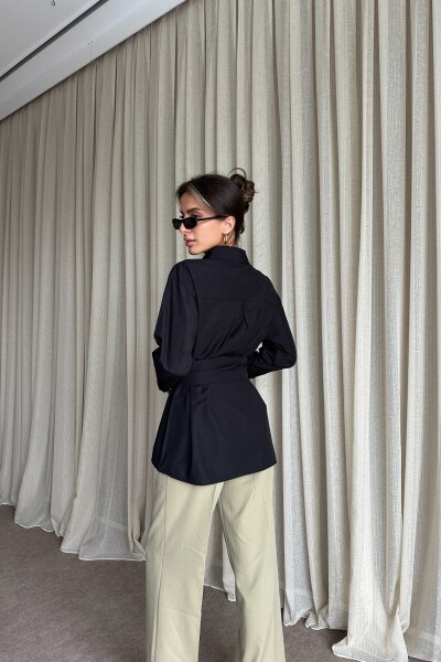 Kuşaklı Uzun Gömlek - Siyah - 4