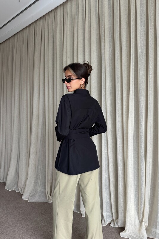 Kuşaklı Uzun Gömlek - Siyah - 4