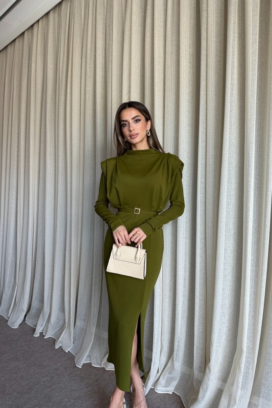 Omuz Vatkalı Kemerli Yırtmaçlı Uzun Elbise - Olive - 4