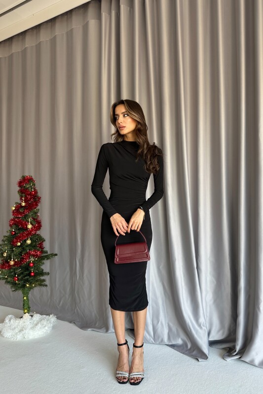Omuz Ve Bel Drapeli Elbise - Siyah - 3