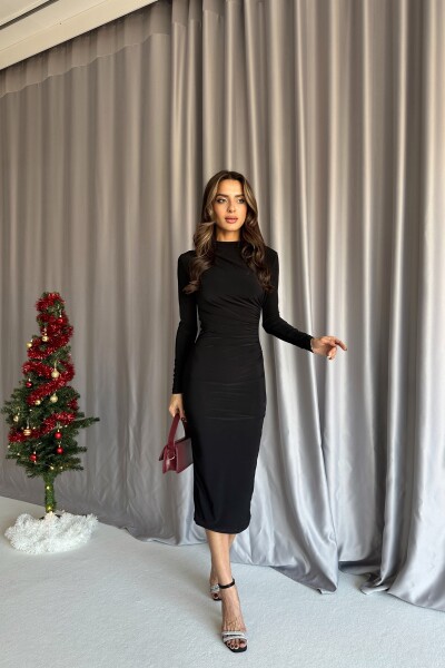 Omuz Ve Bel Drapeli Elbise - Siyah - 4