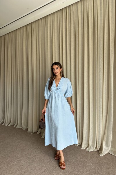 Önü Bağlamalı Balon Kol Müslin Uzun Elbise - Bebe Mavi - MAT Collection