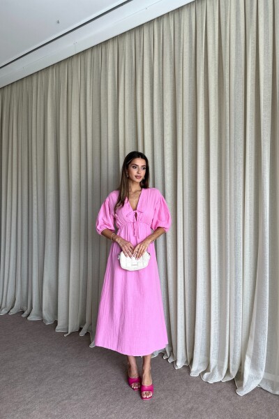 Önü Bağlamalı Balon Kol Müslin Uzun Elbise - Pembe - MAT Collection