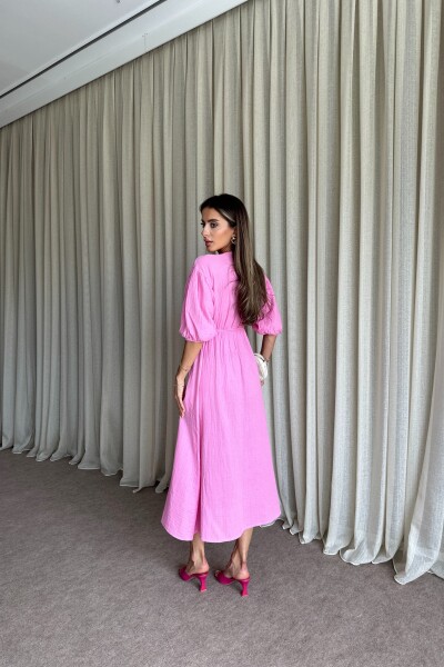 Önü Bağlamalı Balon Kol Müslin Uzun Elbise - Pembe - 4