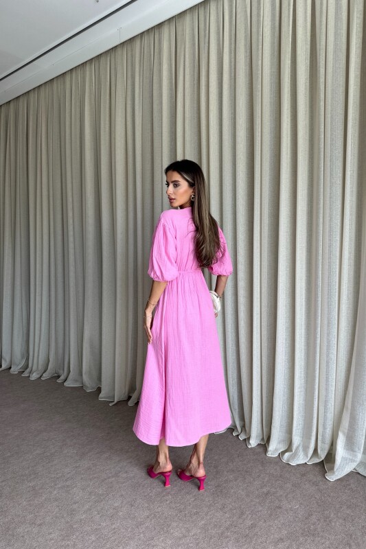 Önü Bağlamalı Balon Kol Müslin Uzun Elbise - Pembe - 4