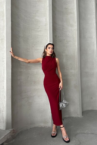 Önü Drapeli Arka Yırtmaçlı Uzun Elbise - Bordo - MAT Collection