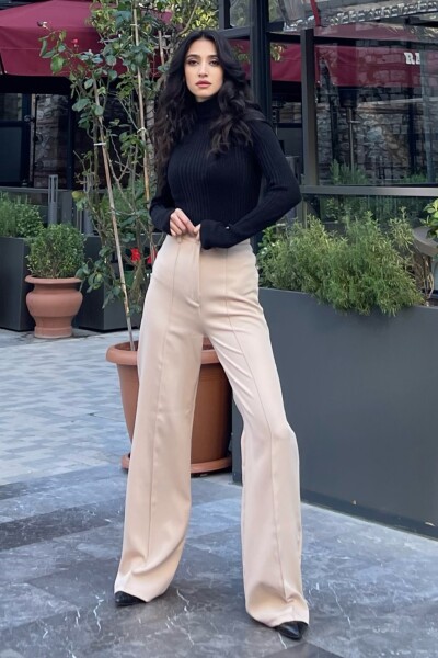 Önü Nervür Dikişli Palazzo Pantolon - Bej - MAT Collection