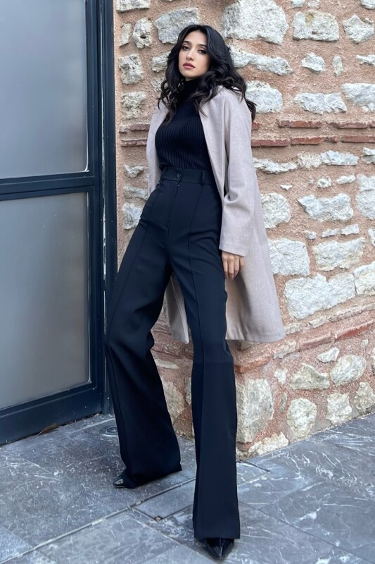 Önü Nervür Dikişli Palazzo Pantolon - Siyah - 5