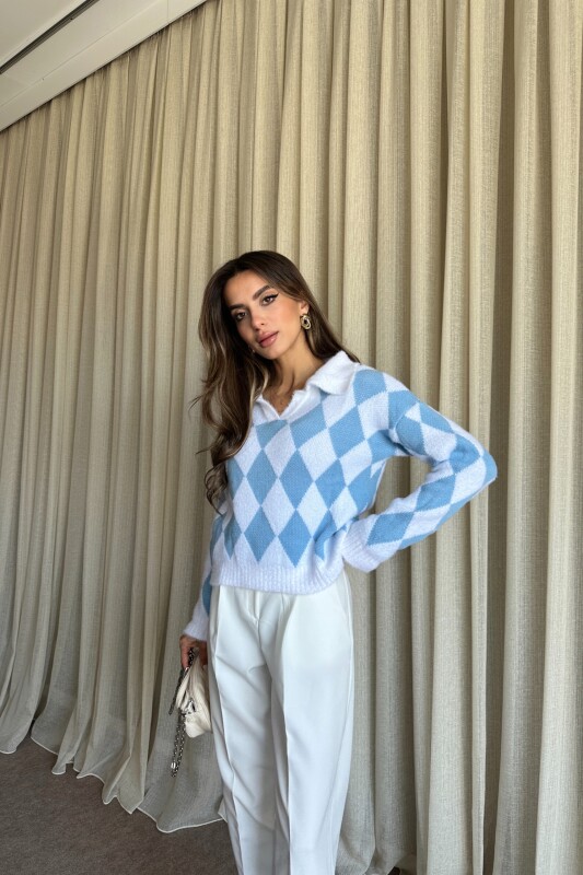 Polo Yaka Baklava Desenli Triko Kazak - Mavi - 1