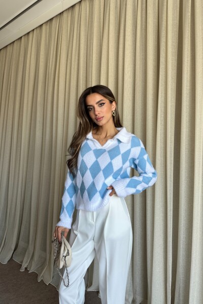 Polo Yaka Baklava Desenli Triko Kazak - Mavi - 2