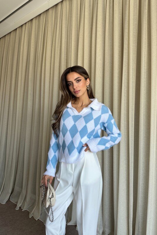 Polo Yaka Baklava Desenli Triko Kazak - Mavi - 2