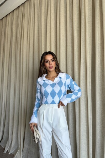 Polo Yaka Baklava Desenli Triko Kazak - Mavi - 3