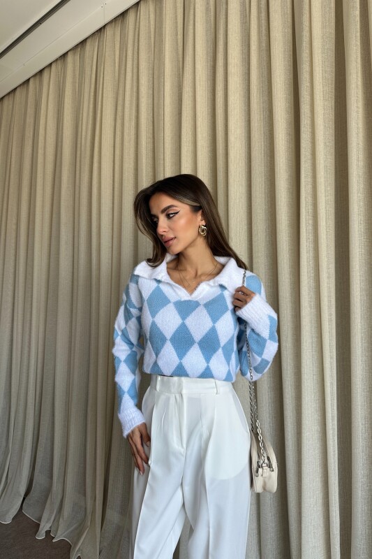 Polo Yaka Baklava Desenli Triko Kazak - Mavi - 4