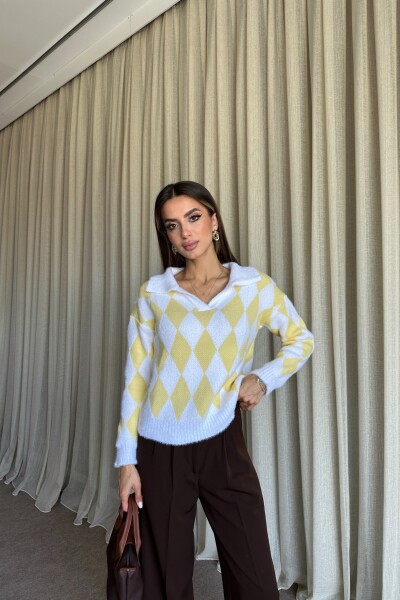 Polo Yaka Baklava Desenli Triko Kazak - Sarı - MAT Collection