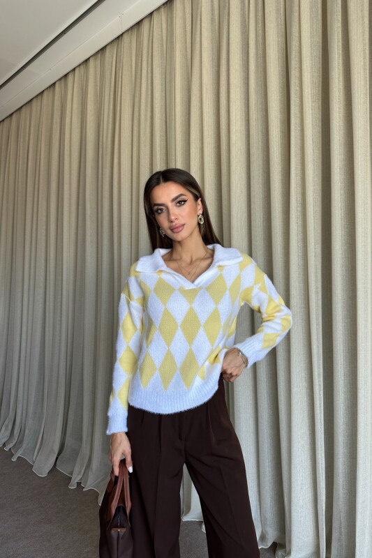 Polo Yaka Baklava Desenli Triko Kazak - Sarı - 1