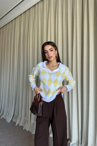 Polo Yaka Baklava Desenli Triko Kazak - Sarı - 2