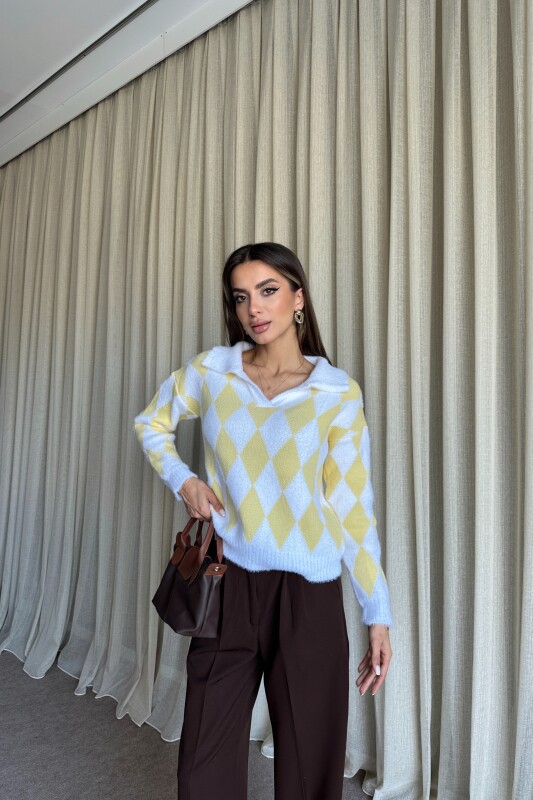 Polo Yaka Baklava Desenli Triko Kazak - Sarı - 3