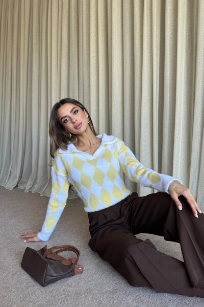 Polo Yaka Baklava Desenli Triko Kazak - Sarı - 4