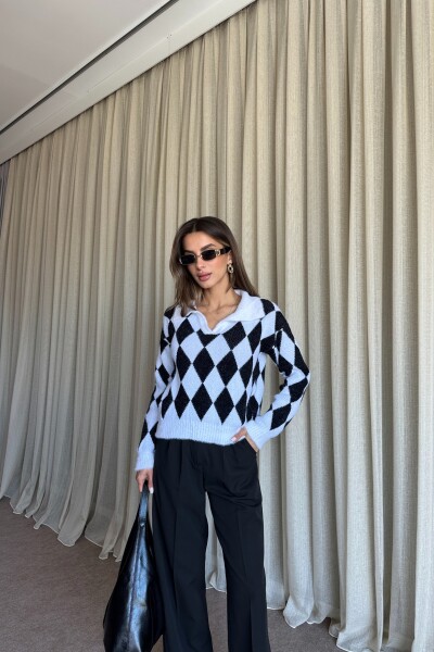 Polo Yaka Baklava Desenli Triko Kazak - Siyah - MAT Collection