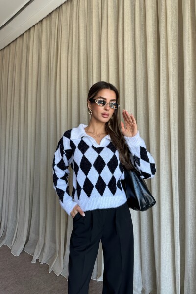 Polo Yaka Baklava Desenli Triko Kazak - Siyah - 2