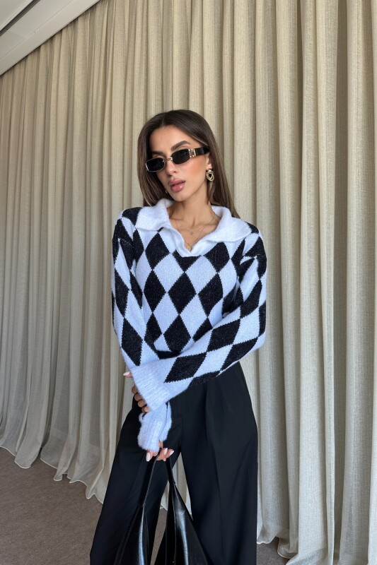 Polo Yaka Baklava Desenli Triko Kazak - Siyah - 3