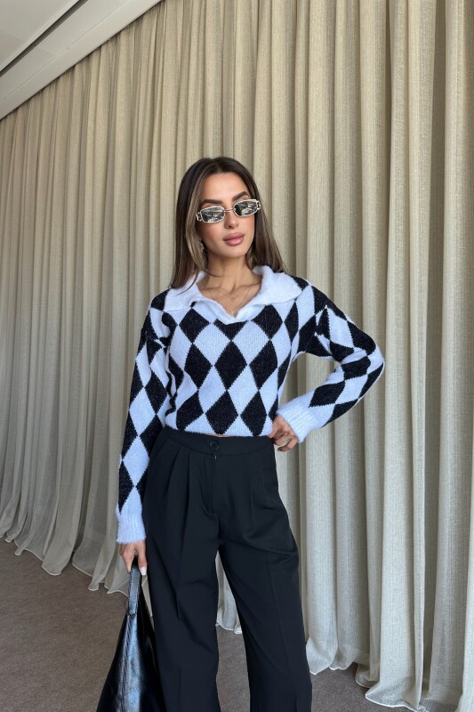 Polo Yaka Baklava Desenli Triko Kazak - Siyah - 4