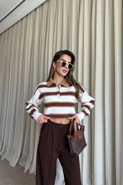 Polo Yaka Çizgili Triko Kazak - Kahverengi - MAT Collection