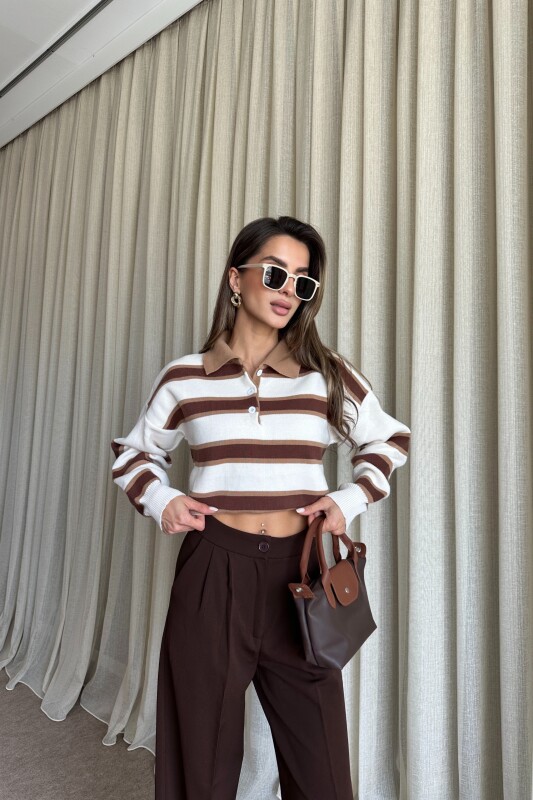 Polo Yaka Çizgili Triko Kazak - Kahverengi - 1