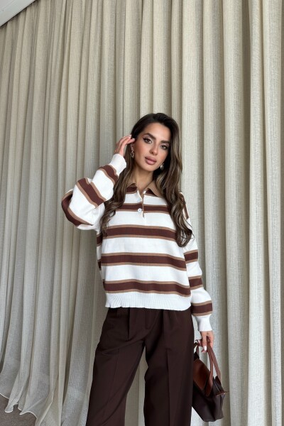 Polo Yaka Çizgili Triko Kazak - Kahverengi - 3