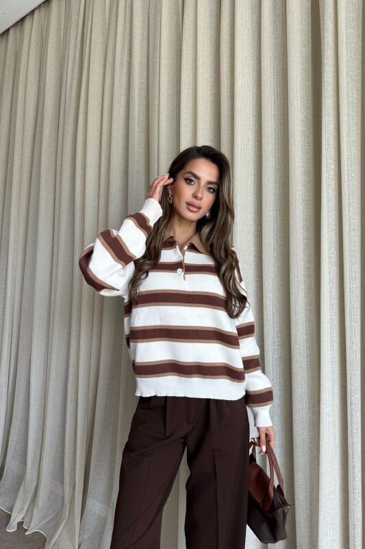 Polo Yaka Çizgili Triko Kazak - Kahverengi - 3