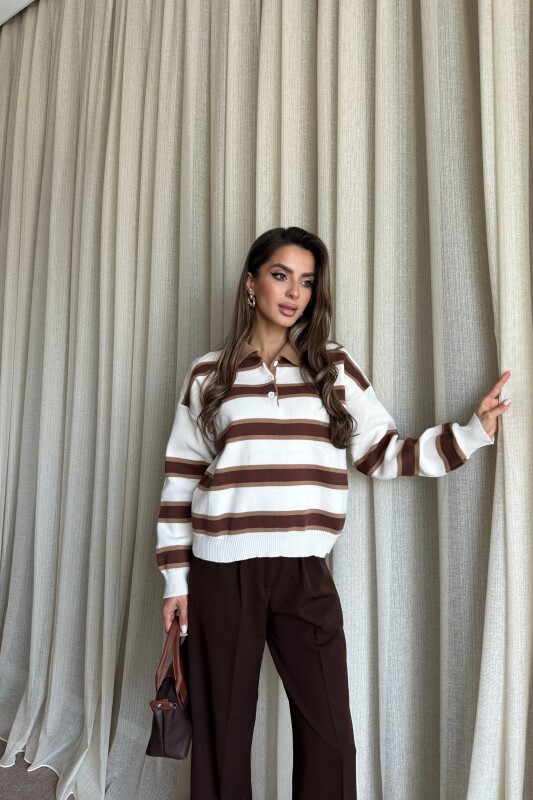 Polo Yaka Çizgili Triko Kazak - Kahverengi - 4