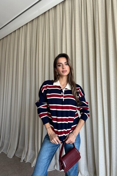 Polo Yaka Çizgili Triko Kazak - Lacivert - MAT Collection