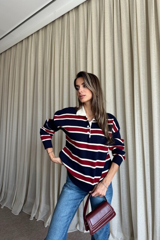 Polo Yaka Çizgili Triko Kazak - Lacivert - 2