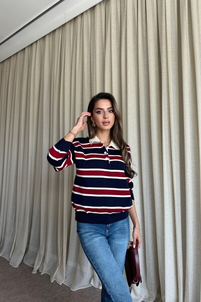 Polo Yaka Çizgili Triko Kazak - Lacivert - 3