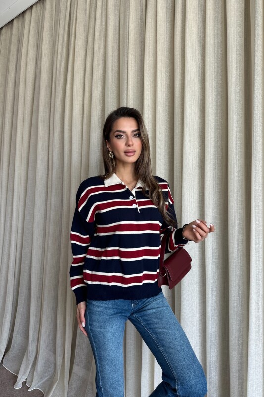 Polo Yaka Çizgili Triko Kazak - Lacivert - 4