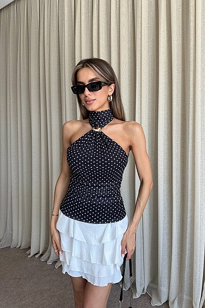 Puantiyeli Boyun Bağlamalı Bluz - Siyah - MAT Collection