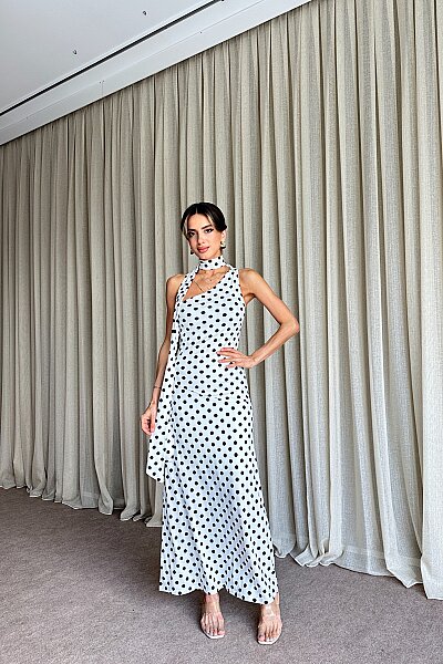 Puantiyeli Tek Omuz Fular Detaylı Elbise - Beyaz - MAT Collection